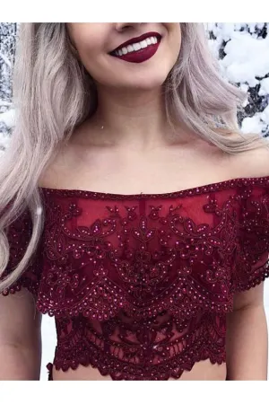 Two Piece Mermaid Off-the-shoulder Floor Length Sleeveless Lace Long Burgundy Satin Prom Dresses OHC223