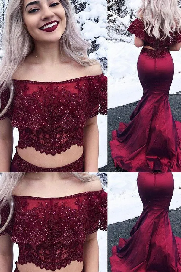 Two Piece Mermaid Off-the-shoulder Floor Length Sleeveless Lace Long Burgundy Satin Prom Dresses OHC223