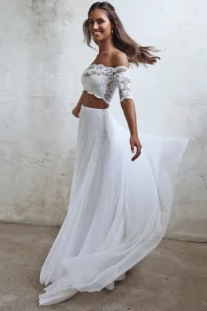 Two Piece Off-the-Shoulder White Chiffon Short Sleeves Beach Wedding Dress with Lace OHD117