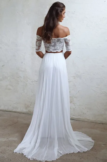 Two Piece Off-the-Shoulder White Chiffon Short Sleeves Beach Wedding Dress with Lace OHD117