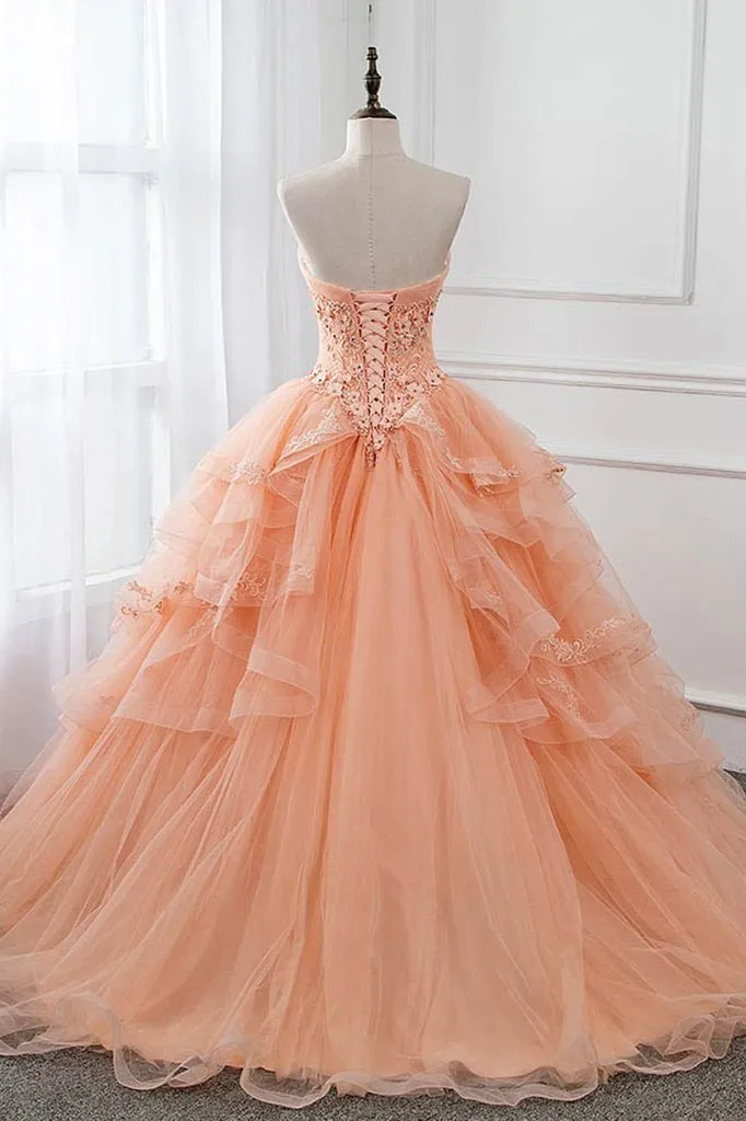 Unique Ball Gown Sweetheart Floor Length Sleeveless Lace Long Tulle Prom Dress Formal Dress OHC290