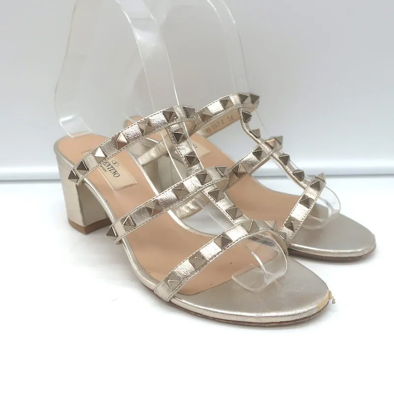 Valentino Rockstud Slide Sandals Gold Metallic Leather Size 36 Open Toe Heels