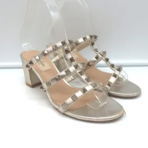 Valentino Rockstud Slide Sandals Gold Metallic Leather Size 36 Open Toe Heels