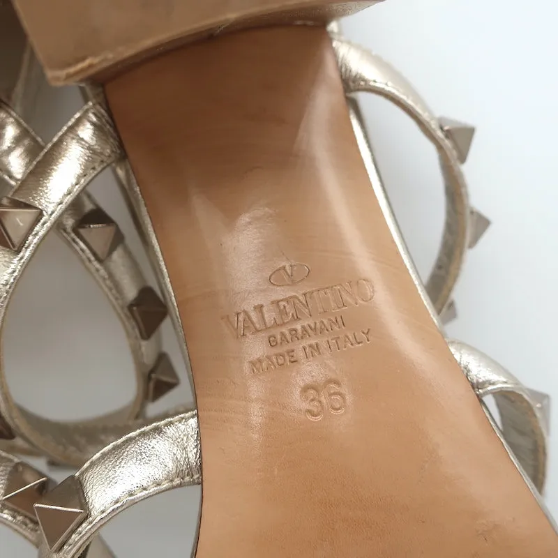 Valentino Rockstud Slide Sandals Gold Metallic Leather Size 36 Open Toe Heels