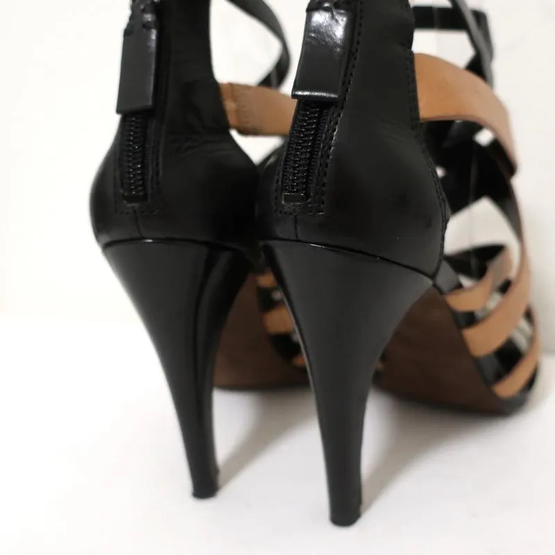 Vera Wang Sandals Hinda Black/Tan Colorblock Leather Size 9.5 Open Toe Heel