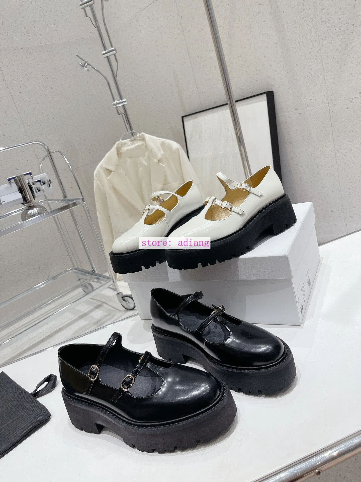 vintage buckles Platform boat shoes fashion women Mary Jane 2023 35-40 black beige