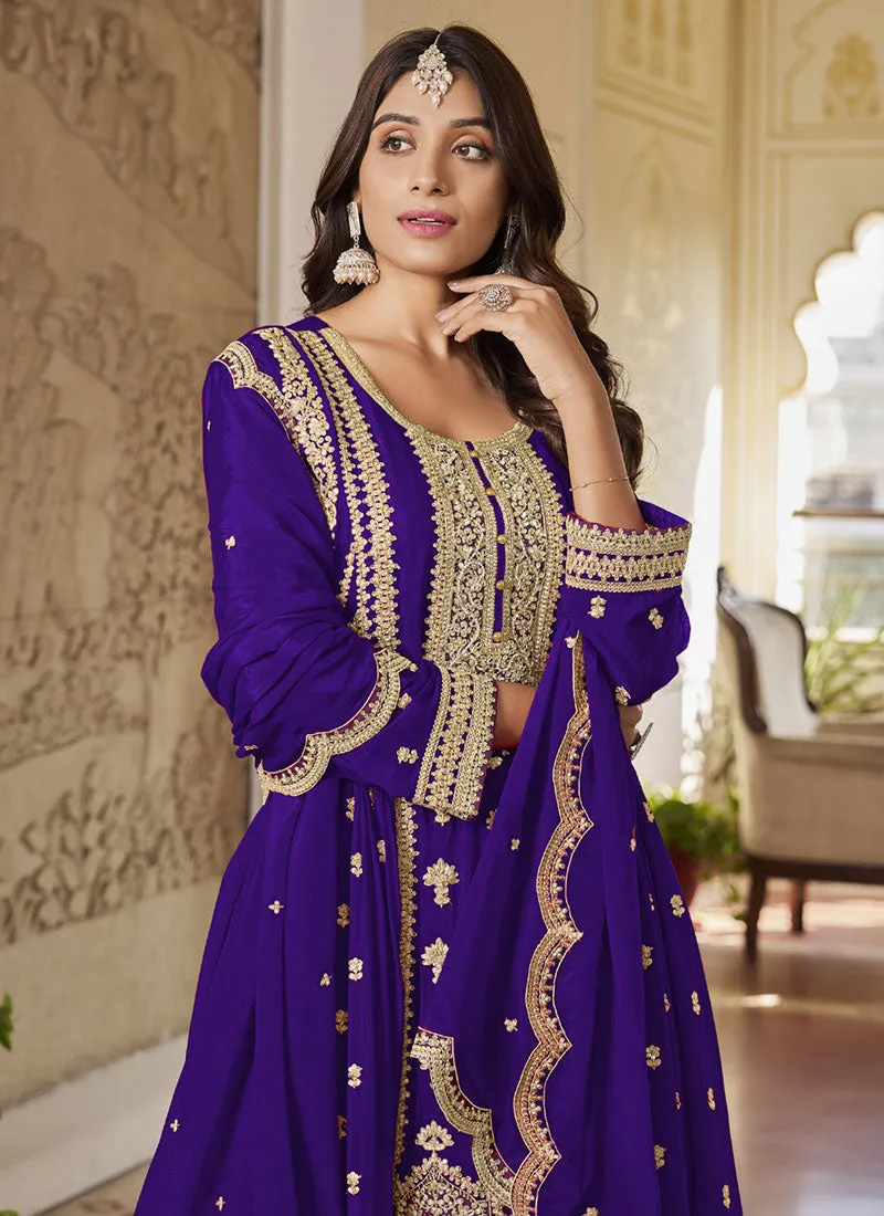 Voilet Multi Embroidery Anarkali Sharara Suit