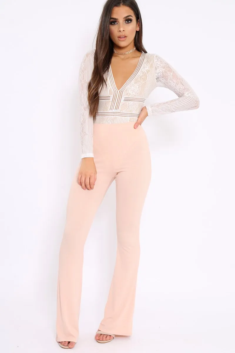 White and Nude Lace Long Sleeve Open Back Bodysuit - Ellice