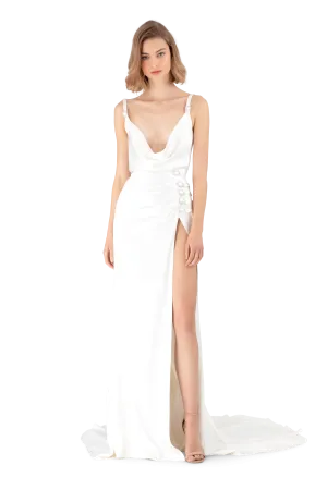 White Double Silk Satin Cowl Neck Maxi Dress