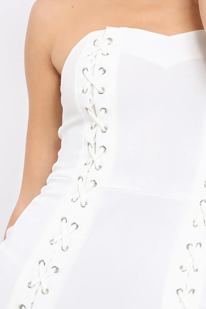 White Lace Up Front Bandeau Mini Dress - Lily