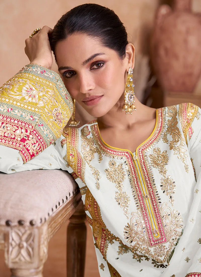 White Multi Embroidered Wedding Palazzo Suit