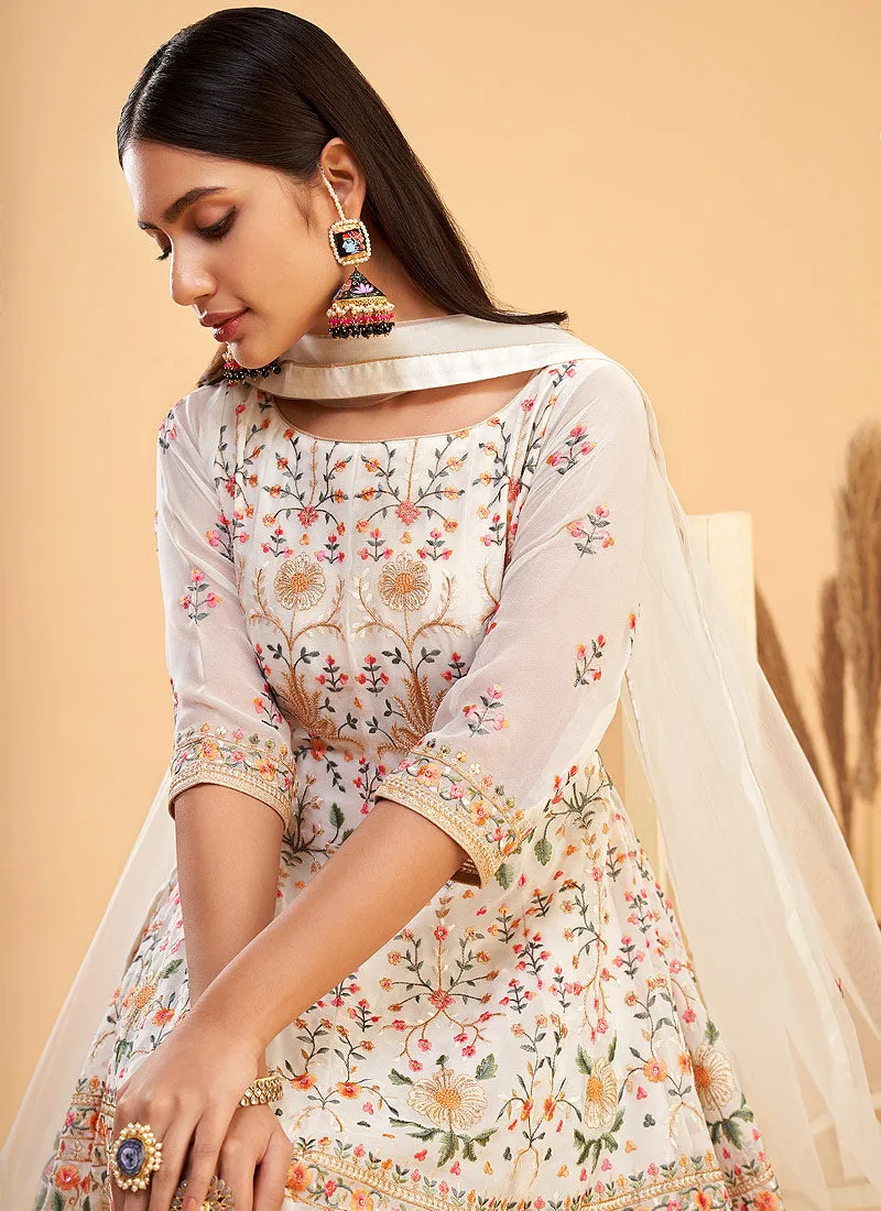 White Multi Kutchi Embroidered Pant Style Suit