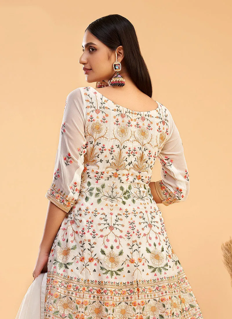 White Multi Kutchi Embroidered Pant Style Suit