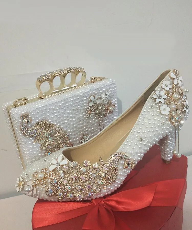 White pearl Women wedding shoes with matching bags bride High heels platform shoes Peacock Ladies Paty shoe and bag