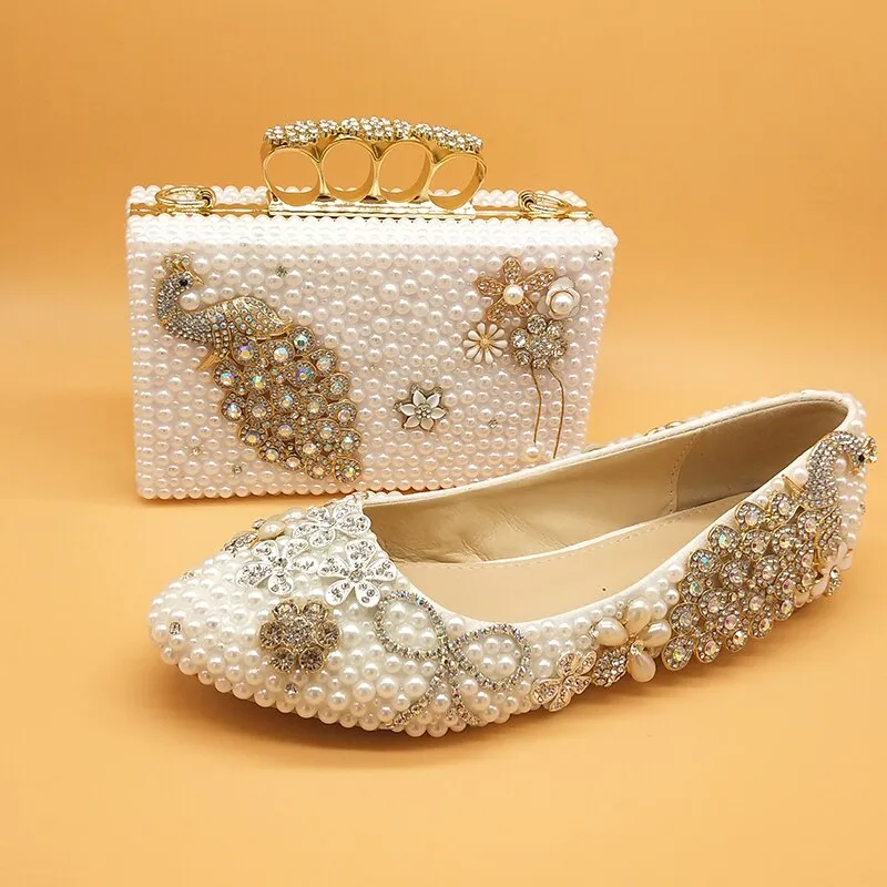 White pearl Women wedding shoes with matching bags bride High heels platform shoes Peacock Ladies Paty shoe and bag