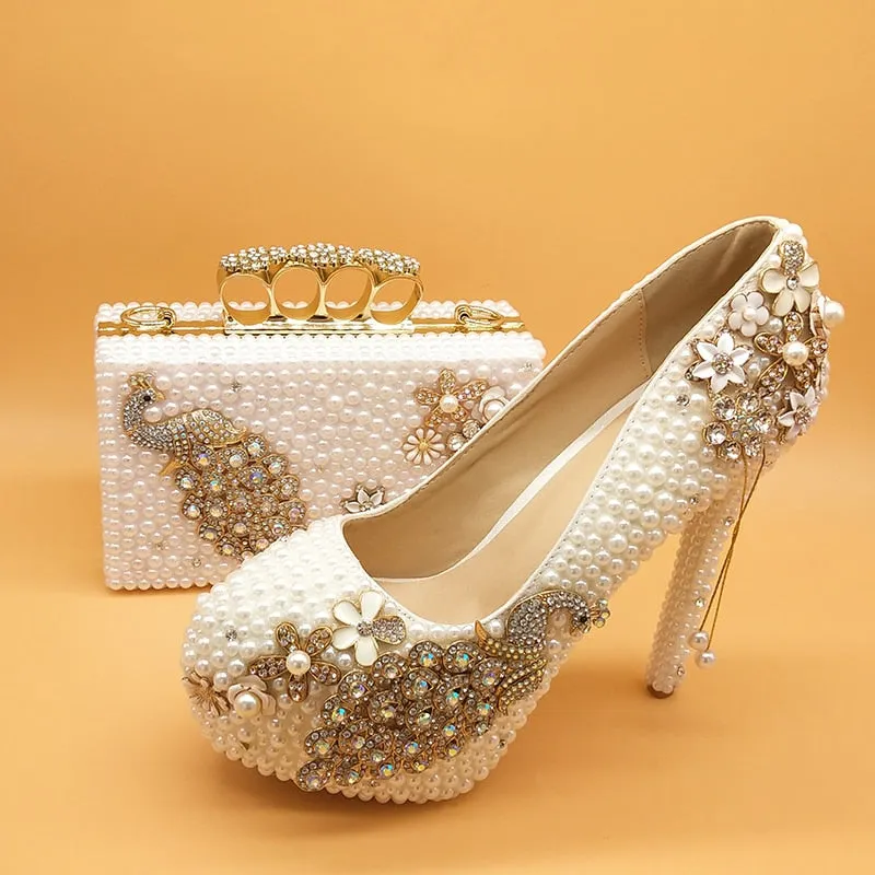 White pearl Women wedding shoes with matching bags bride High heels platform shoes Peacock Ladies Paty shoe and bag