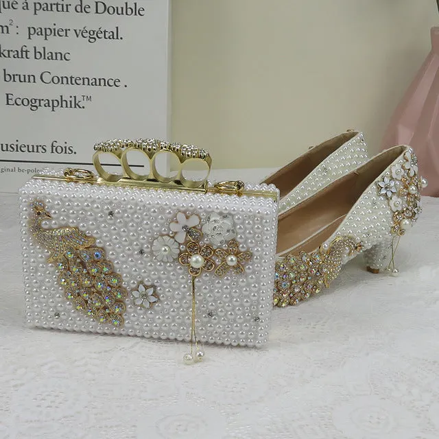 White pearl Women wedding shoes with matching bags bride High heels platform shoes Peacock Ladies Paty shoe and bag