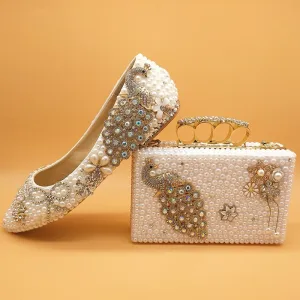 White pearl Women wedding shoes with matching bags bride High heels platform shoes Peacock Ladies Paty shoe and bag