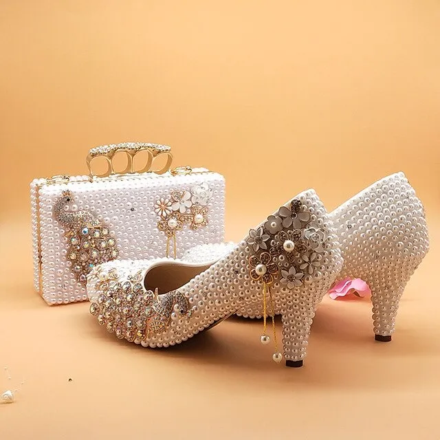 White pearl Women wedding shoes with matching bags bride High heels platform shoes Peacock Ladies Paty shoe and bag