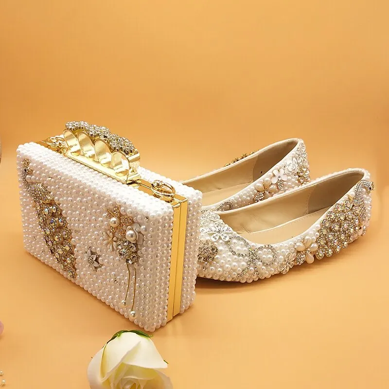 White pearl Women wedding shoes with matching bags bride High heels platform shoes Peacock Ladies Paty shoe and bag