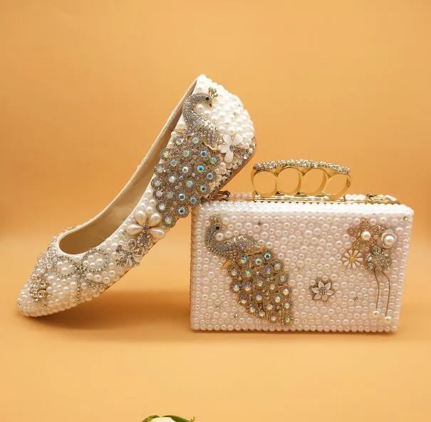 White pearl Women wedding shoes with matching bags bride High heels platform shoes Peacock Ladies Paty shoe and bag