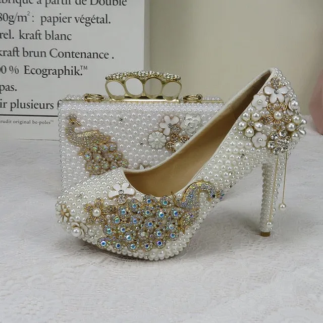White pearl Women wedding shoes with matching bags bride High heels platform shoes Peacock Ladies Paty shoe and bag
