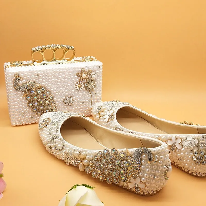 White pearl Women wedding shoes with matching bags bride High heels platform shoes Peacock Ladies Paty shoe and bag