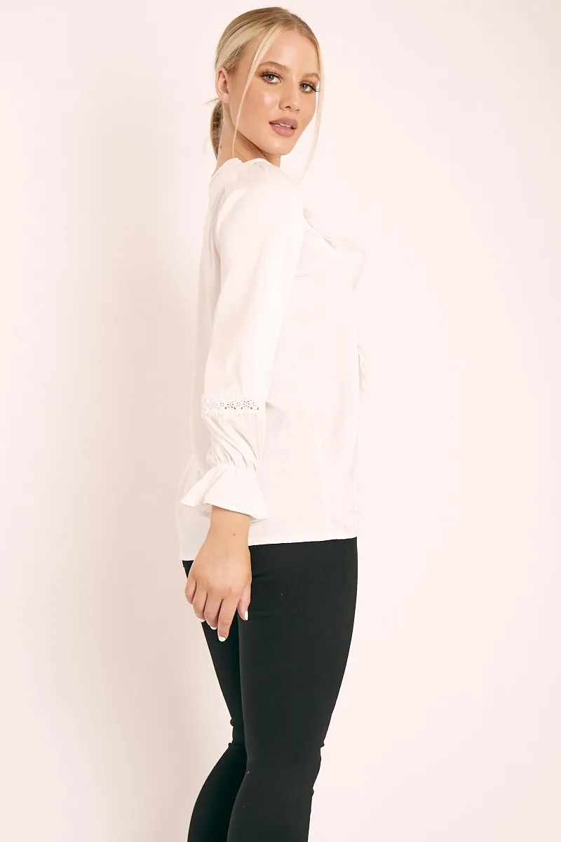 White Plunge Lace Neckline Blouse - Harleigh