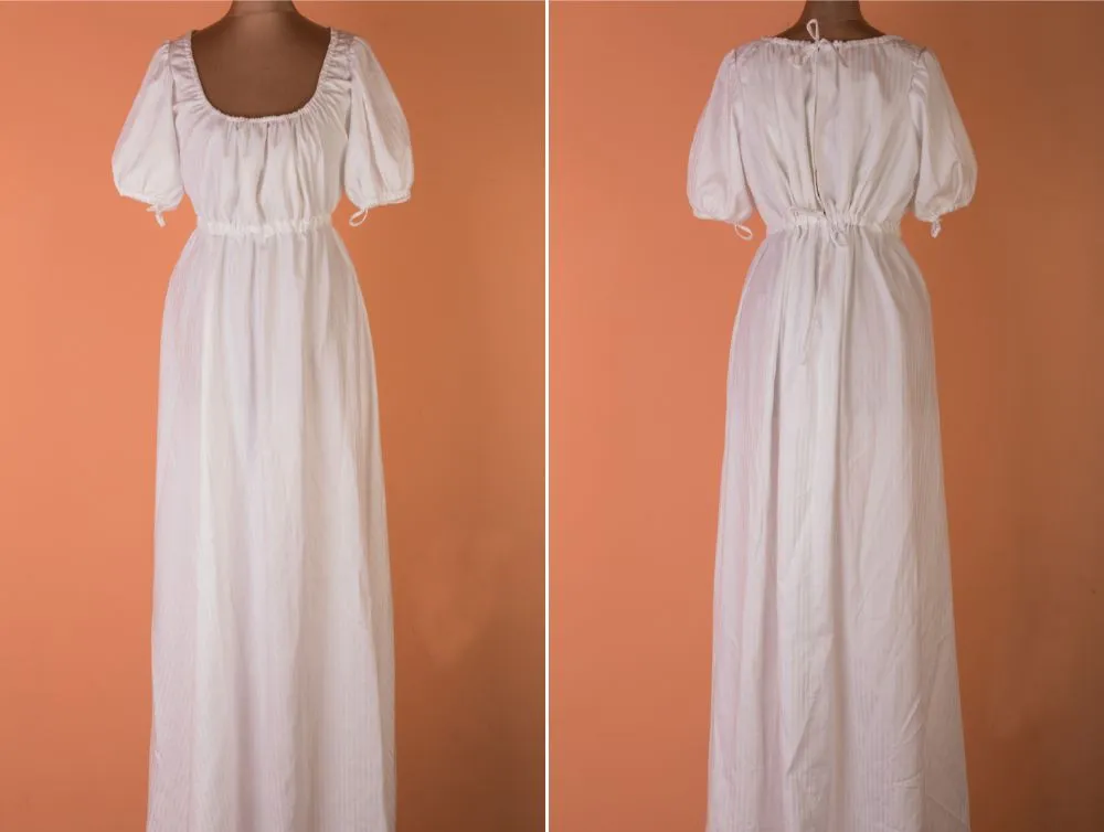 White regency cotton dress inspired by Jane Austen novels