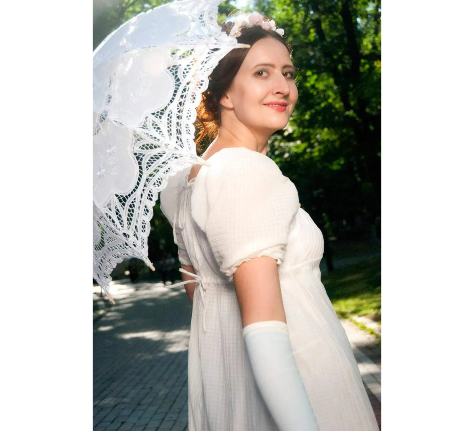 White regency cotton dress inspired by Jane Austen novels