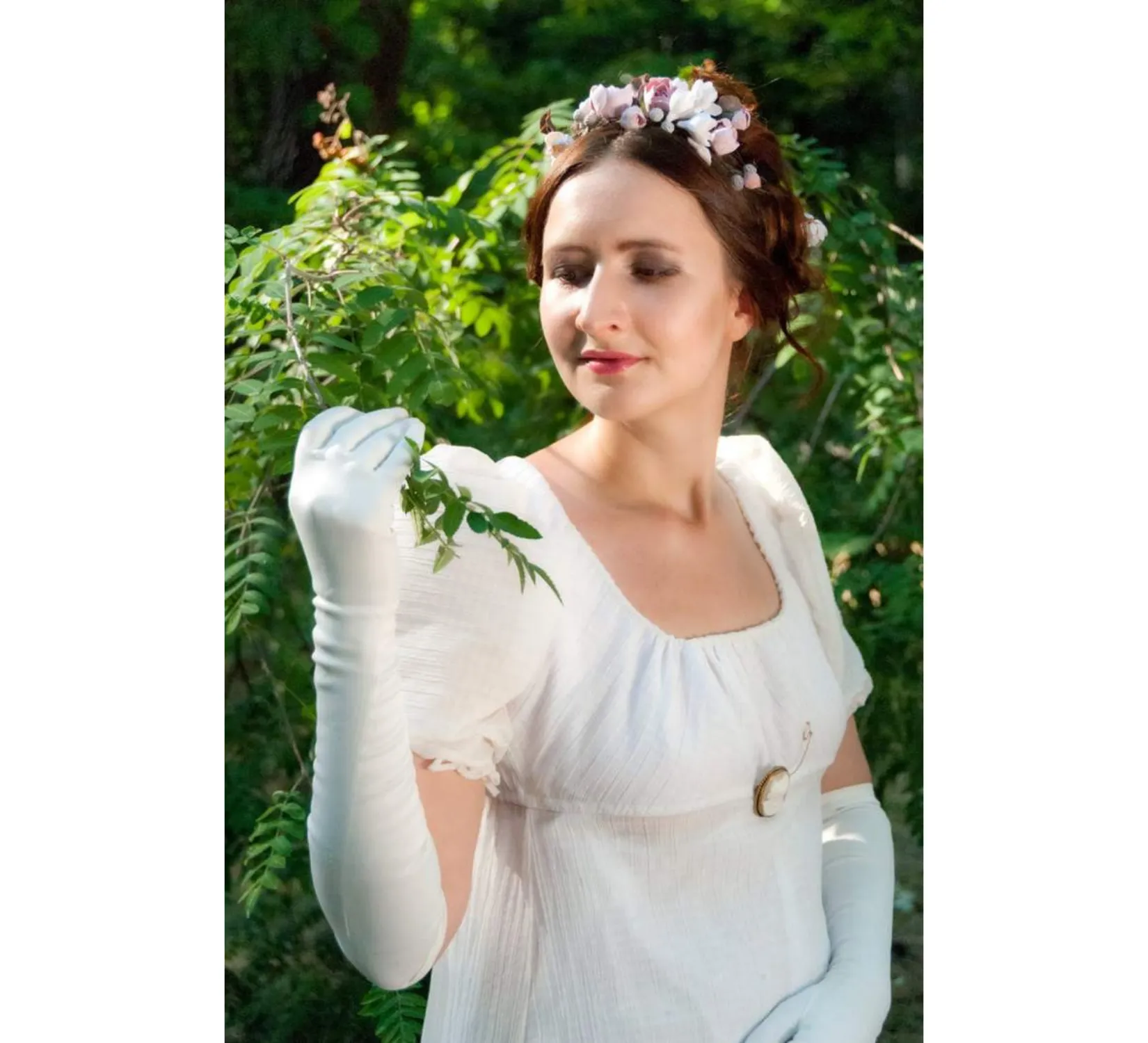 White regency cotton dress inspired by Jane Austen novels