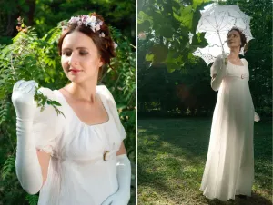White regency cotton dress inspired by Jane Austen novels