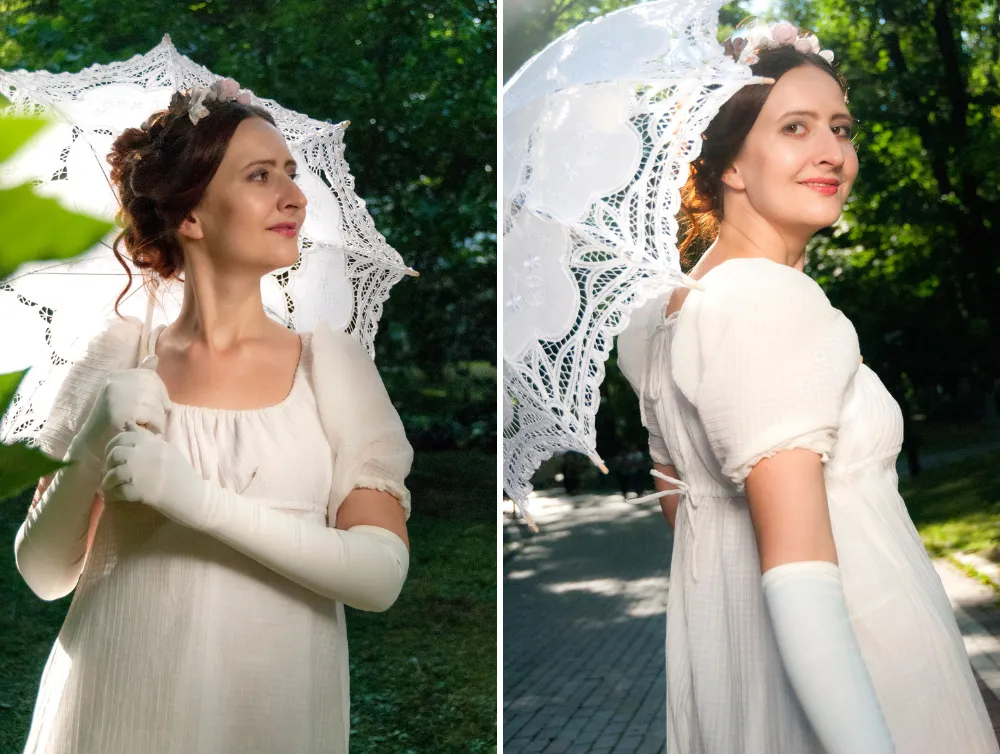 White regency cotton dress inspired by Jane Austen novels