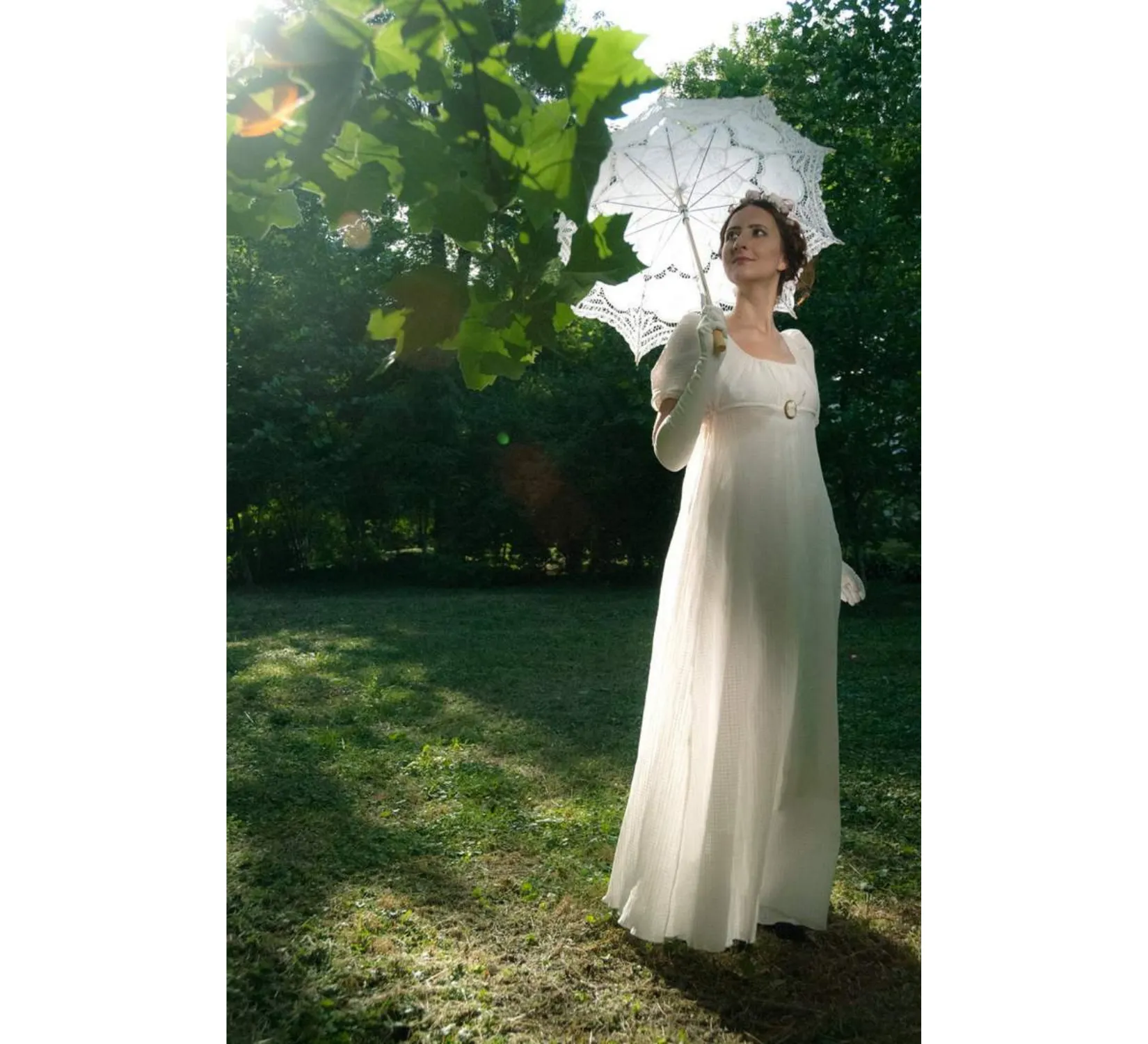White regency cotton dress inspired by Jane Austen novels