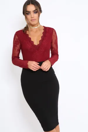 Wine Plunge Lace Bodysuit - Adele