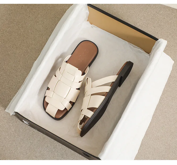 Women Microfiber Leather Slip-On Sandals with Cross Straps