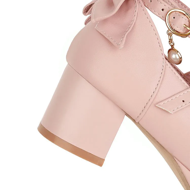 Women's Chunky Heel Pumps Mary Janes Shoes with Bowtie Buckle Pearl