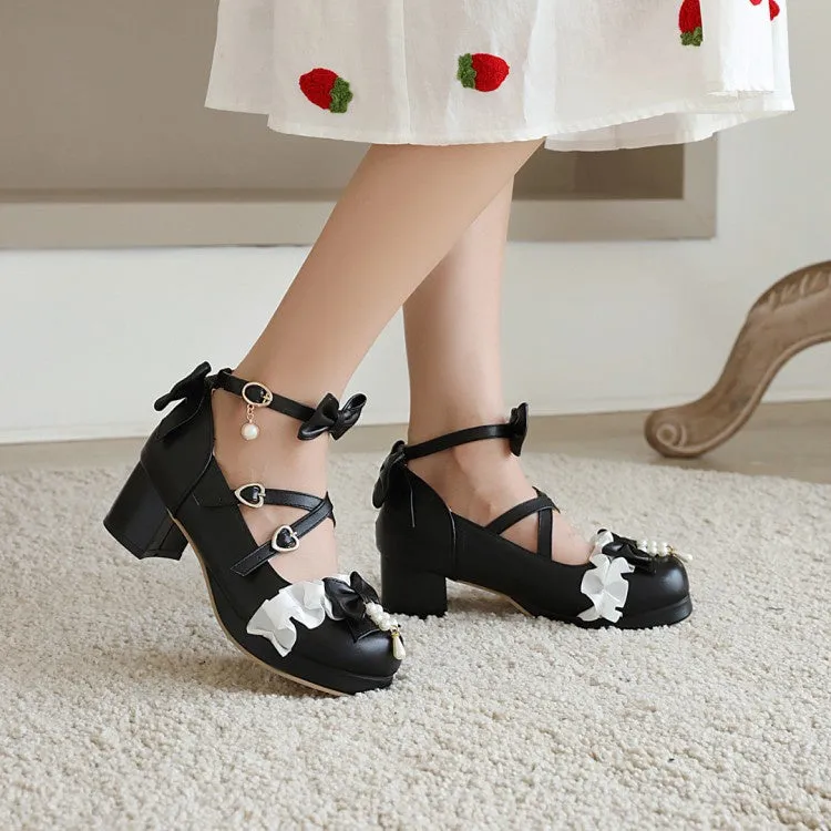 Women's Chunky Heel Pumps Mary Janes Shoes with Bowtie Buckle Pearl