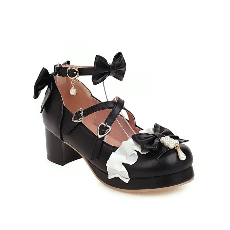 Women's Chunky Heel Pumps Mary Janes Shoes with Bowtie Buckle Pearl