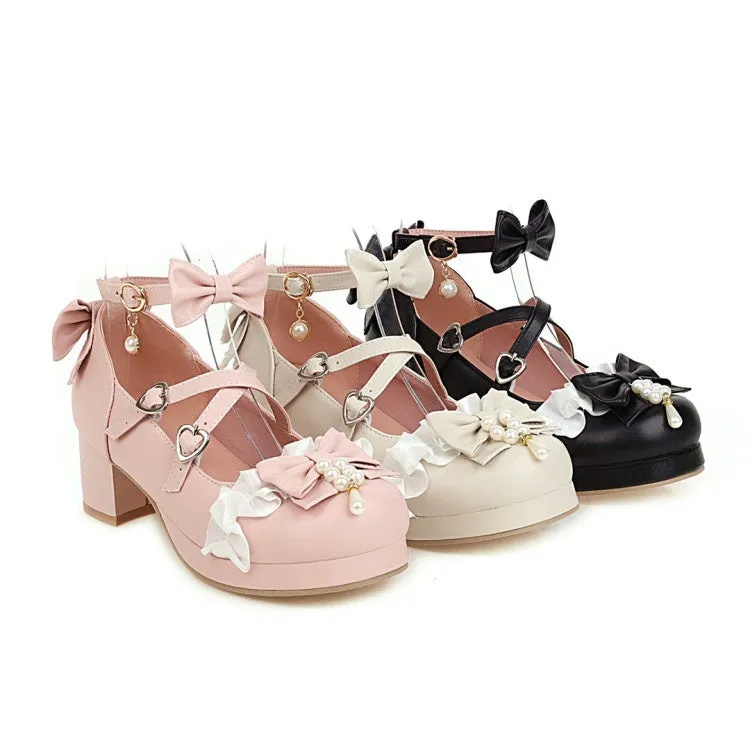Women's Chunky Heel Pumps Mary Janes Shoes with Bowtie Buckle Pearl