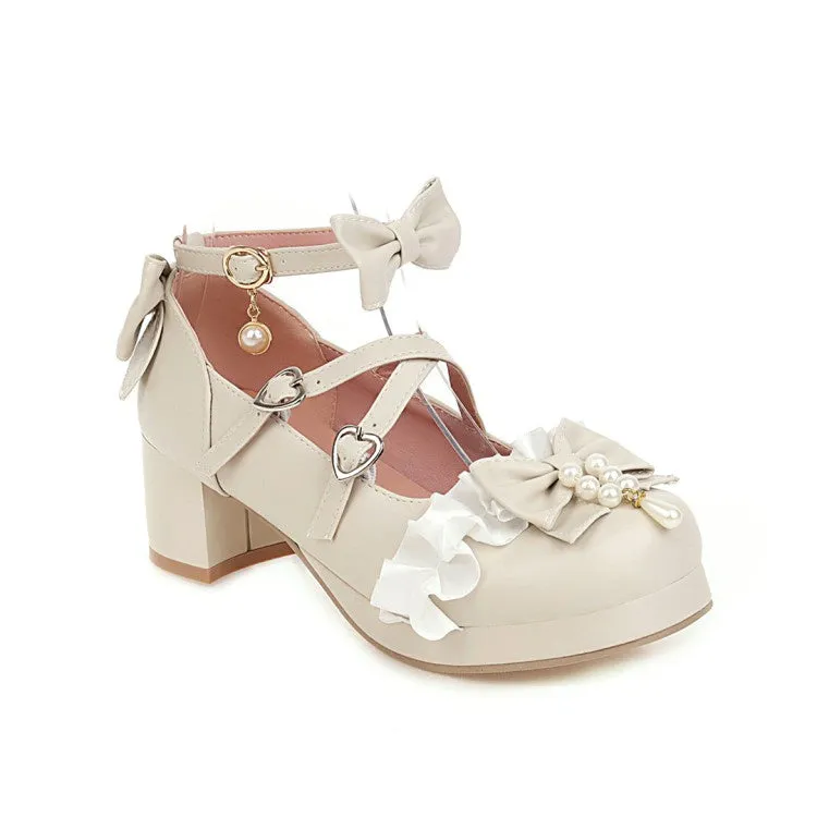 Women's Chunky Heel Pumps Mary Janes Shoes with Bowtie Buckle Pearl