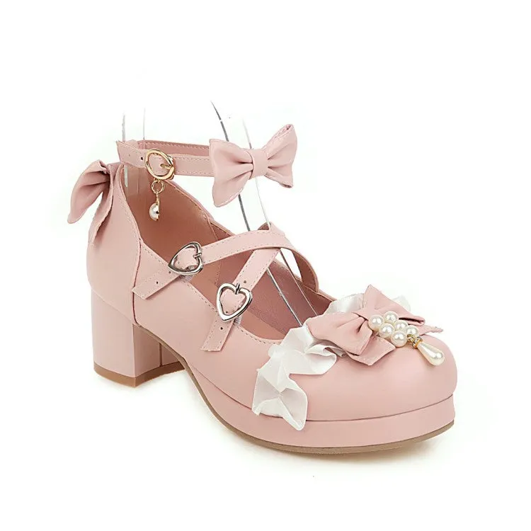 Women's Chunky Heel Pumps Mary Janes Shoes with Bowtie Buckle Pearl