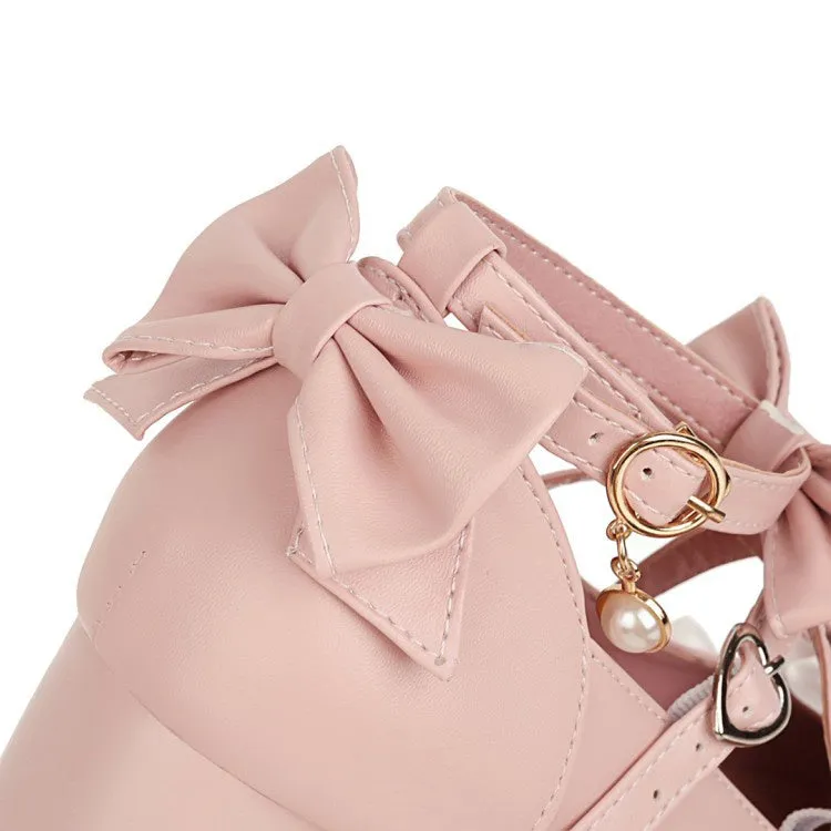 Women's Chunky Heel Pumps Mary Janes Shoes with Bowtie Buckle Pearl