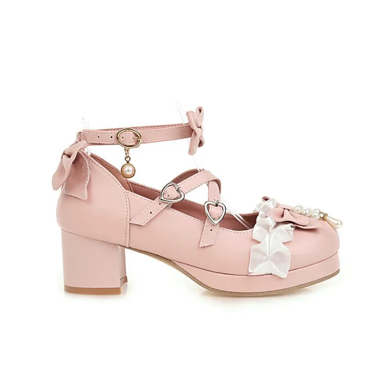 Women's Chunky Heel Pumps Mary Janes Shoes with Bowtie Buckle Pearl