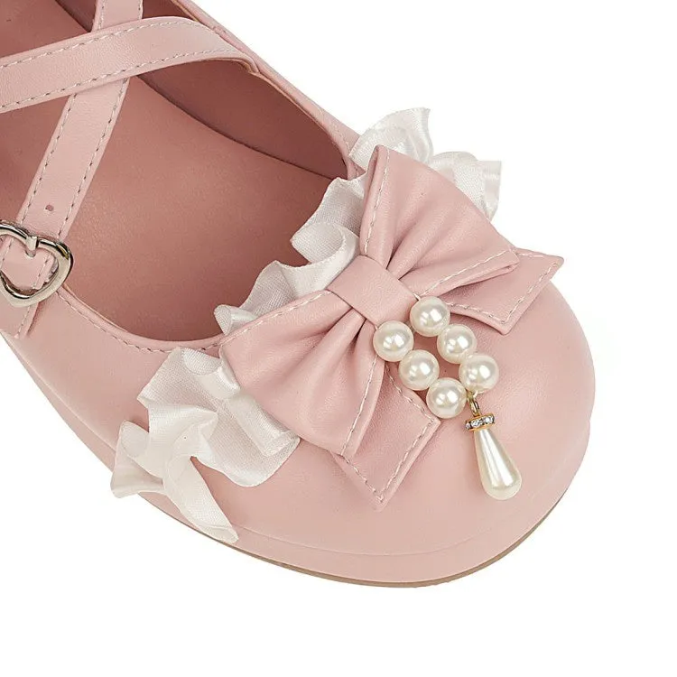 Women's Chunky Heel Pumps Mary Janes Shoes with Bowtie Buckle Pearl