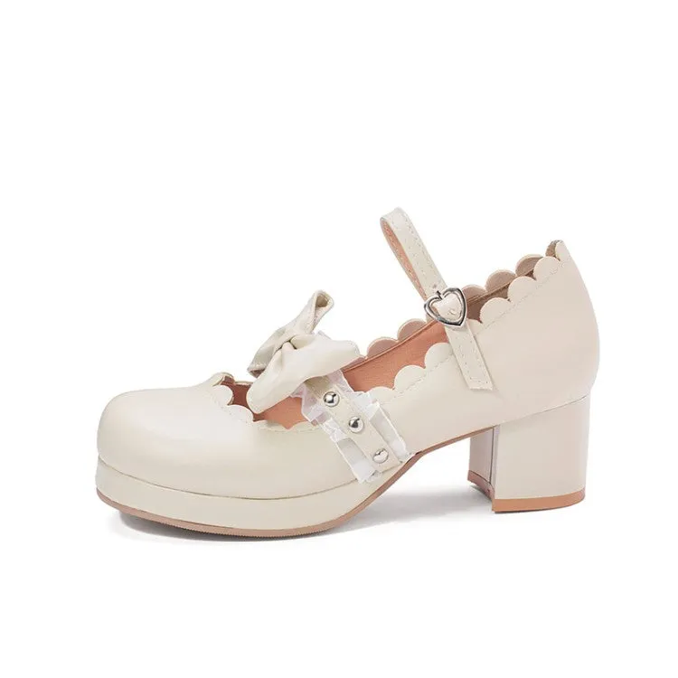 Women's Chunky Heel Pumps Mary Janes Shoes with Bowtie Lace