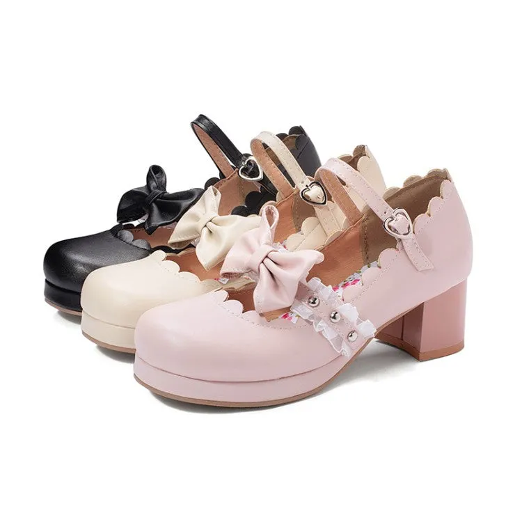 Women's Chunky Heel Pumps Mary Janes Shoes with Bowtie Lace