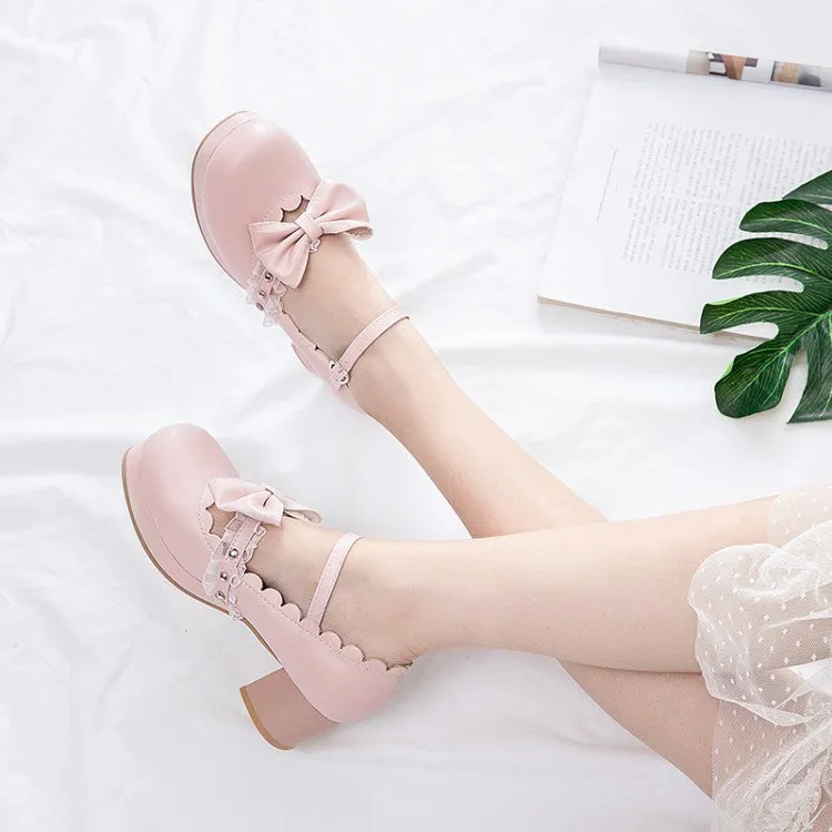 Women's Chunky Heel Pumps Mary Janes Shoes with Bowtie Lace