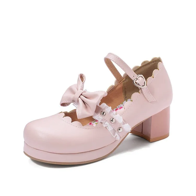 Women's Chunky Heel Pumps Mary Janes Shoes with Bowtie Lace