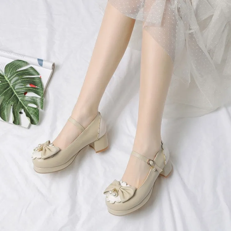 Women's Chunky Heel Pumps Mary Janes Shoes with Bowtie Pearl